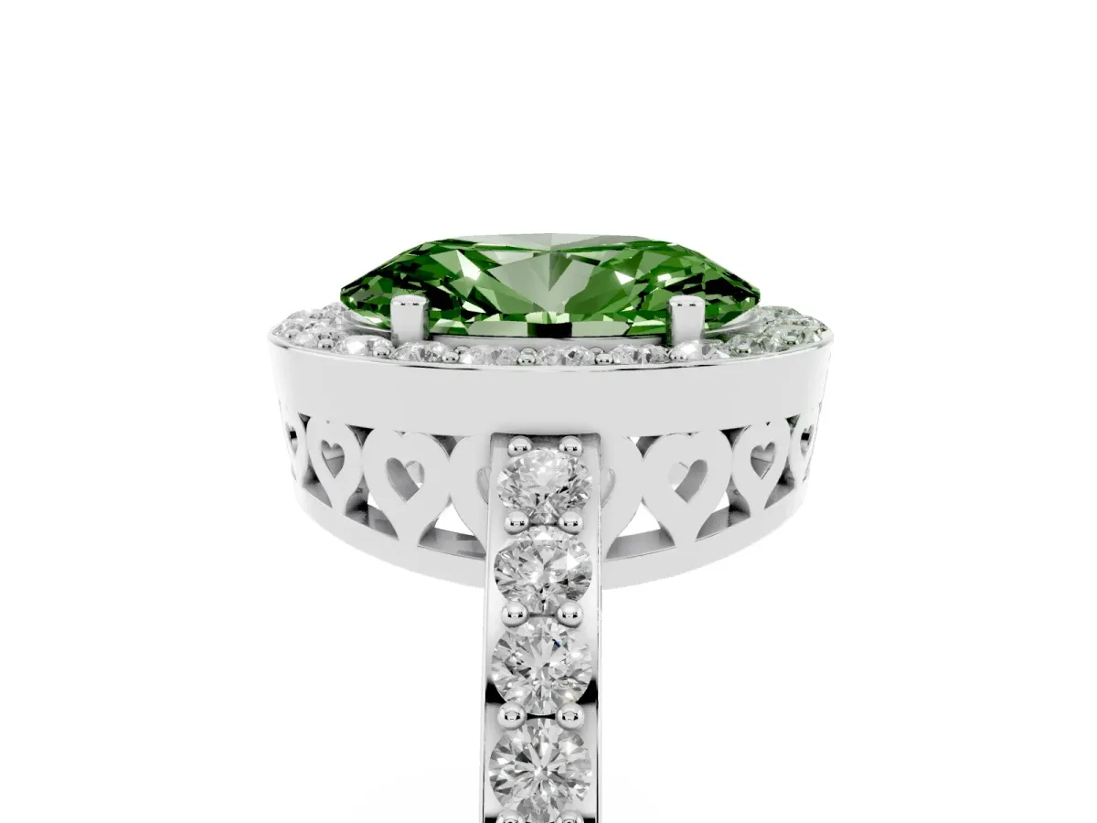 Fancy Green Oval Cut Halo Diamond Pavé Band Ring with Prong Setting Silver