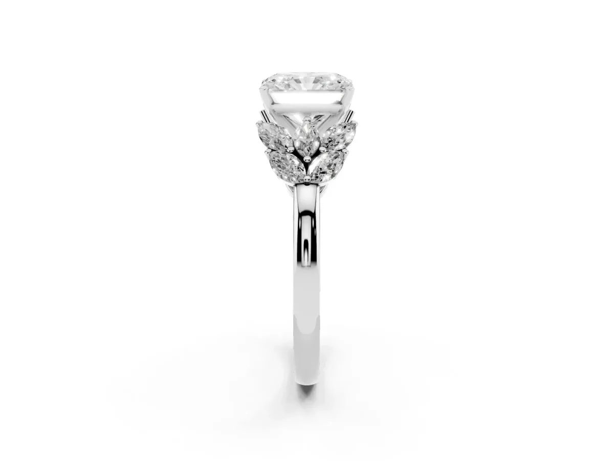 Radiant Cut Diamond Cluster Leaf Design Ring with Prong Setting Silver
