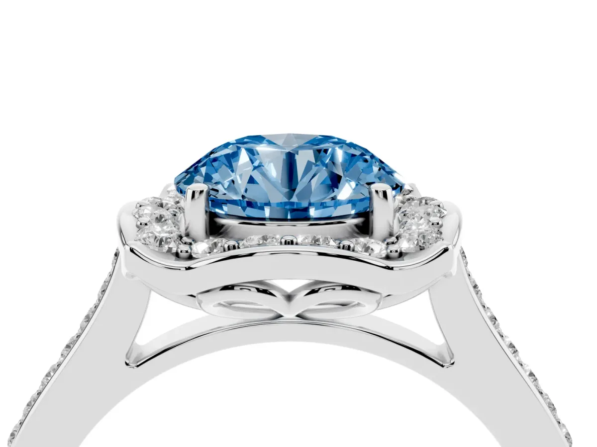 Fancy Blue Round Cut Halo Round Diamond Pave Band with Four-Prong Setting Silver
