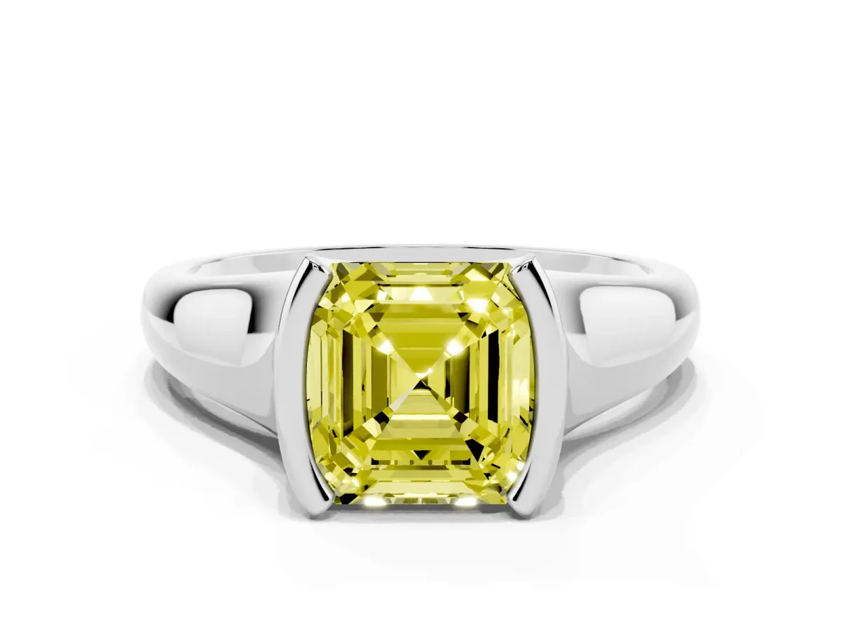 Fancy Yellow Asscher Cut Solitaire Tension Set Diamond Ring with Split Shank Band Platinum