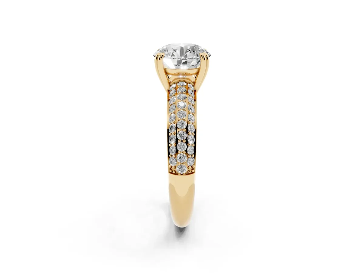 Round Cut Diamond Solitaire Ring with Multi-Row Round Pavé Band and Prong Setting Yellow gold