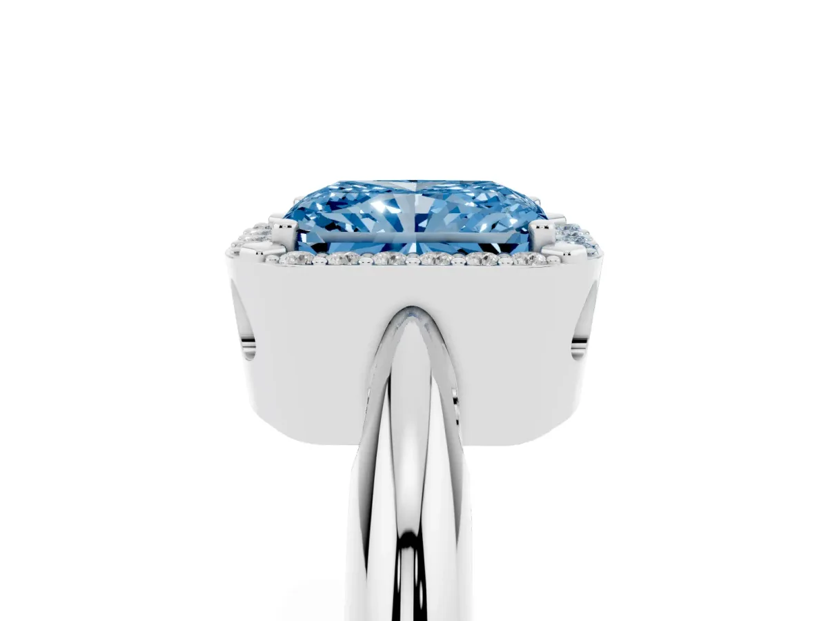 Fancy Blue Radiant Cut Cut Diamond Halo Engagement Ring with Split Shank and Four-Prong Setting Silver