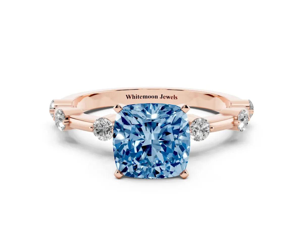 Fancy Blue Cushion Cut Solitaire Diamond Ring with Bezel Set Side Stones and Prong Setting Rose gold