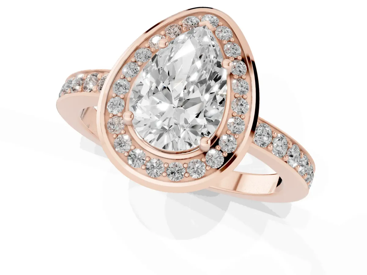 Pear Cut Diamond Halo Ring with Bezel Frame and Pavé Band Rose gold