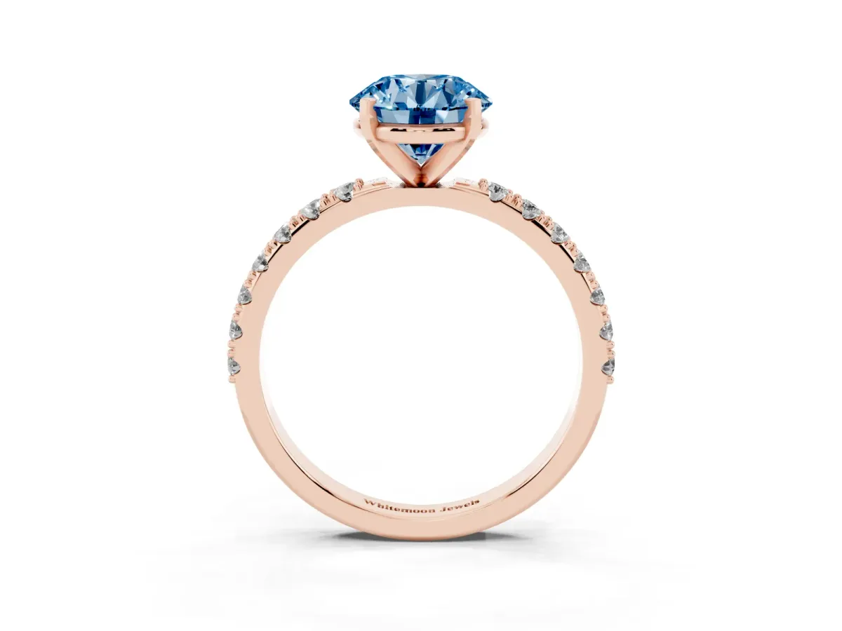Fancy Blue Round Cut Diamond Solitaire Pavé Band with Four-Prong Setting Rose gold