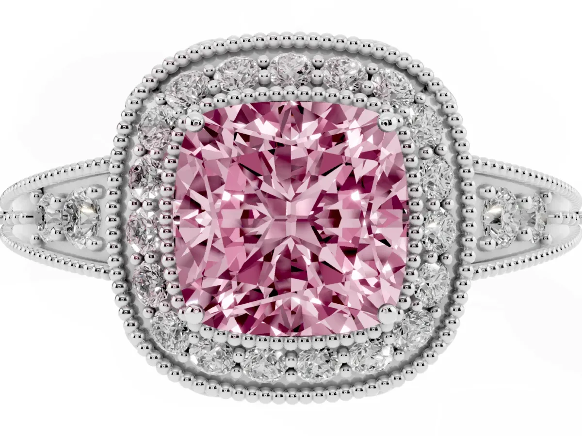 Fancy Pink Cushion Cut Halo Diamond Split Shank Ring with Milgrain Detail White gold