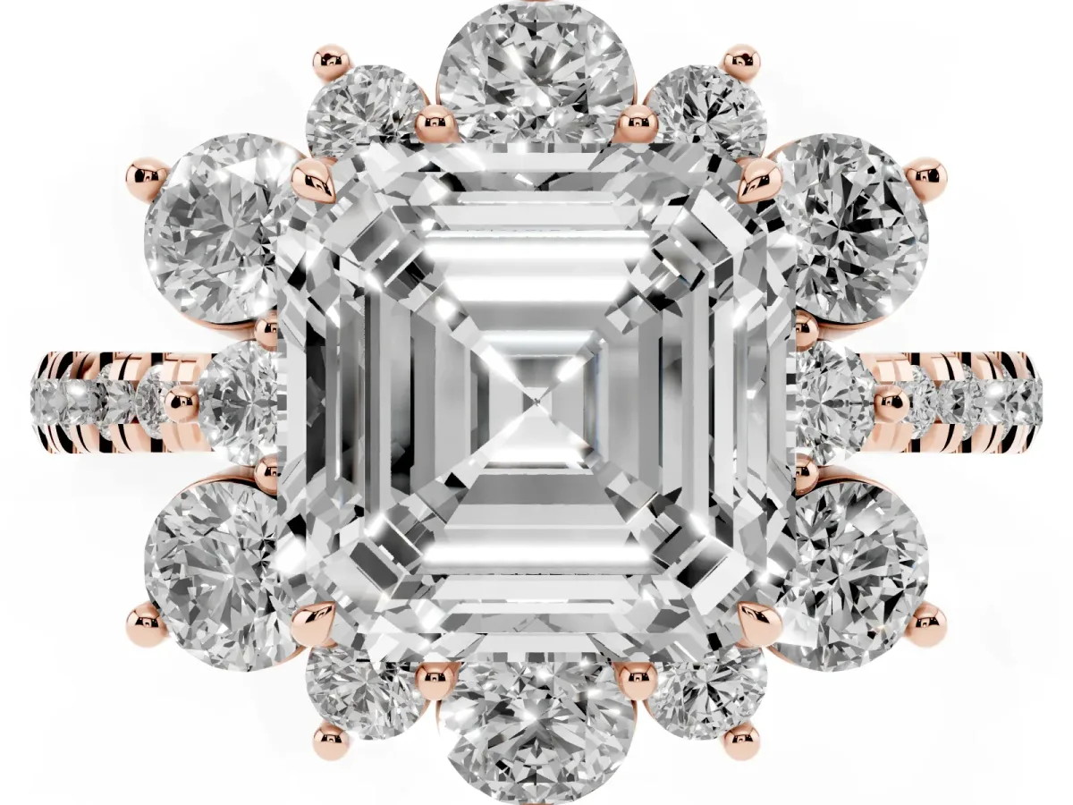 Asscher Cut Diamond Floral Halo Ring with Round Pavé Band and Prong Setting Rose gold
