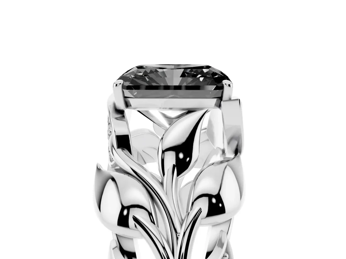 Fancy Black Radiant Cut Diamond Leaf-Inspired Engagement Ring with Round Accents and Prong Setting Silver