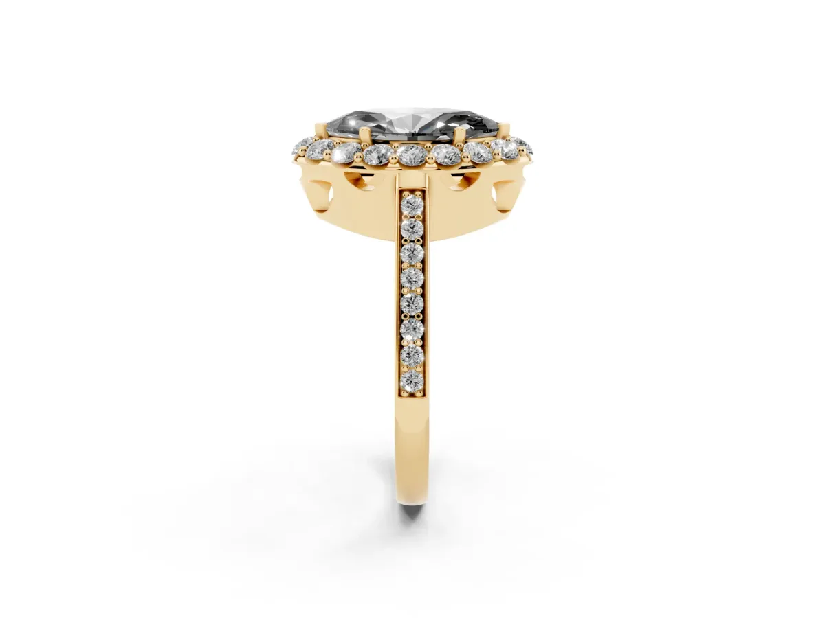 Fancy Black Marquise Cut Diamond Floral Halo Ring with Pavé Band and Prong Setting Yellow gold