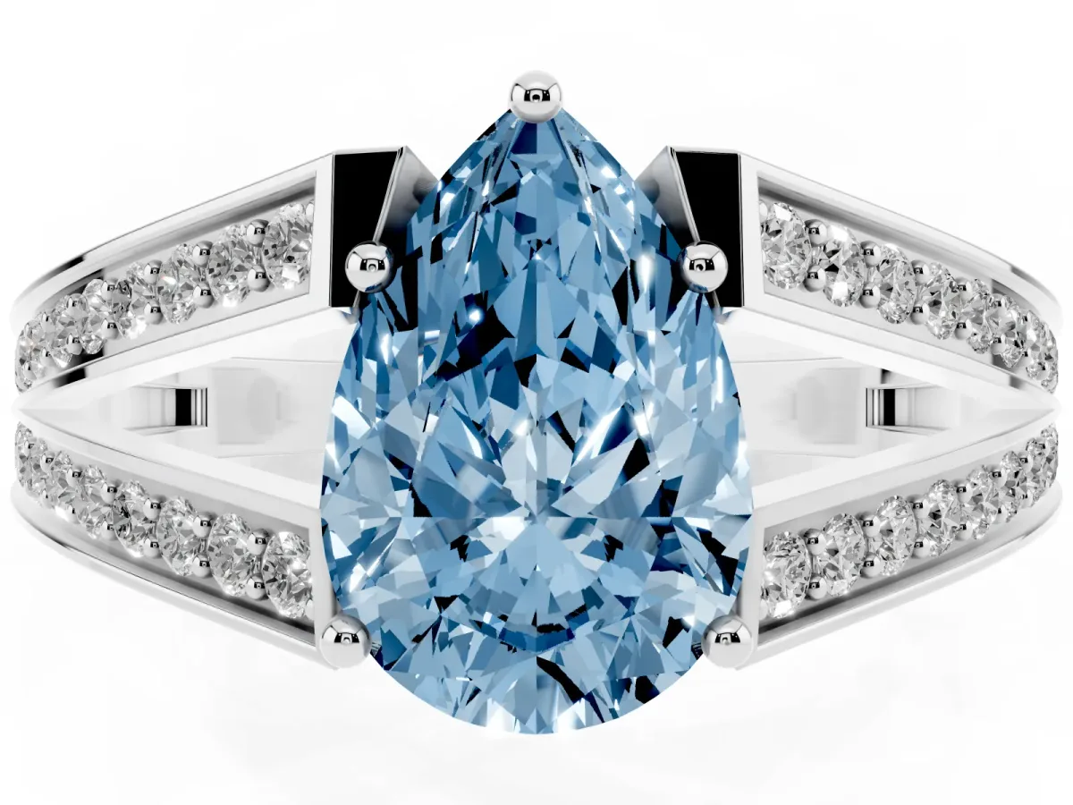 Fancy Blue Pear Cut Diamond Split Shank Ring with Pavé Band and Four-Prong Setting Silver