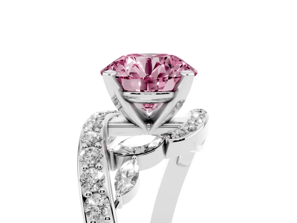 Fancy Pink Round Cut Solitaire with Pavé Twist Band and Four-Prong Setting Silver