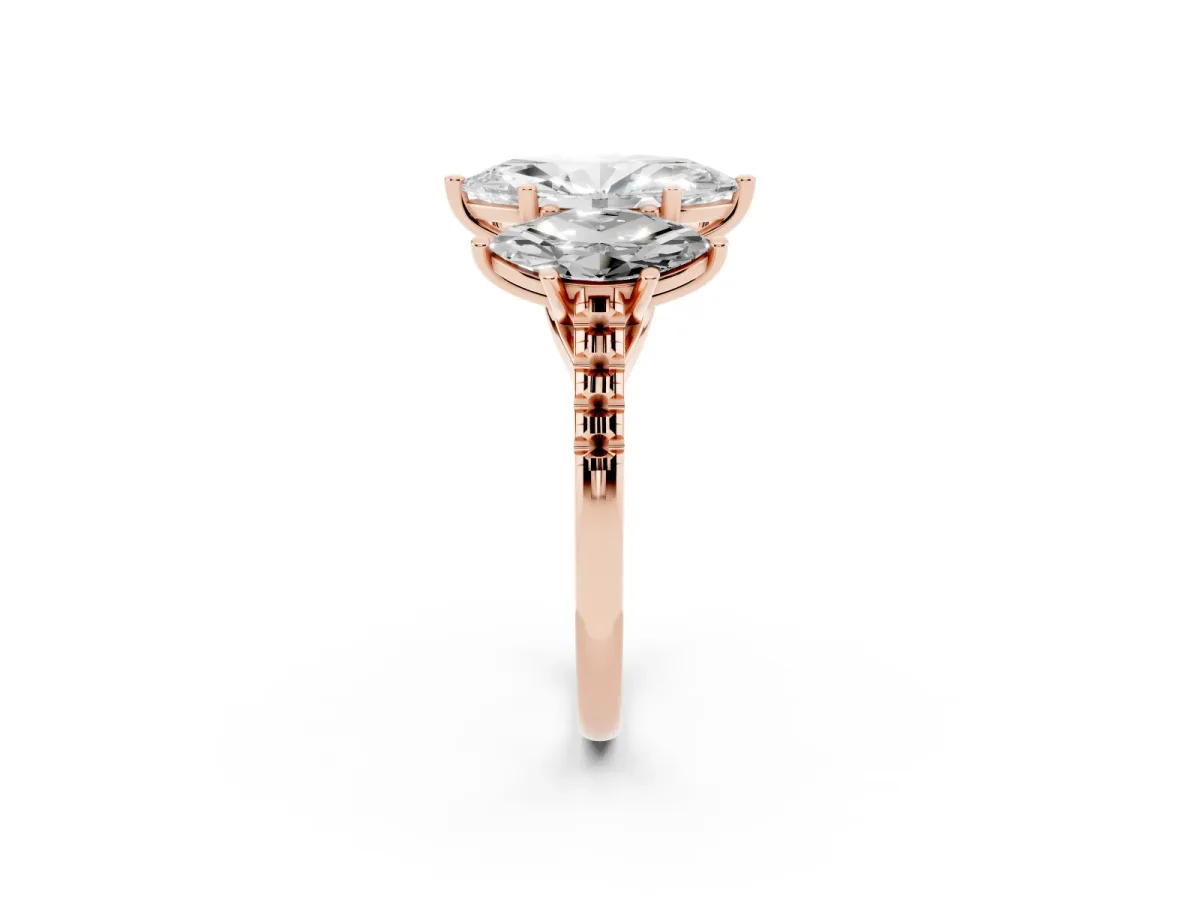 Three-Stone Marquise Cut Diamond Ring with Round Pavé Band and Prong Setting Rose gold