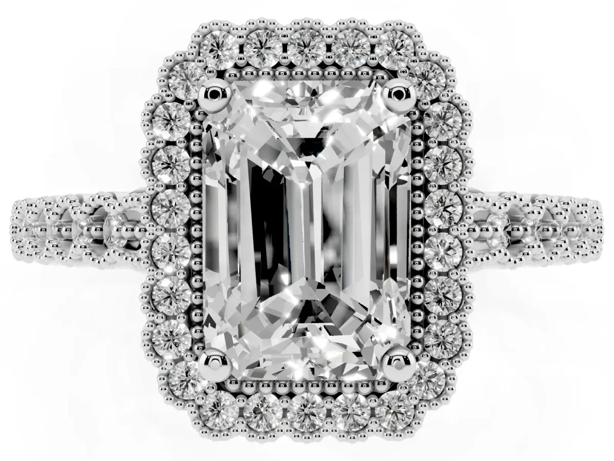 Radiant Cut Cut Halo Pavé Solitaire Ring with Milgrain Band Silver