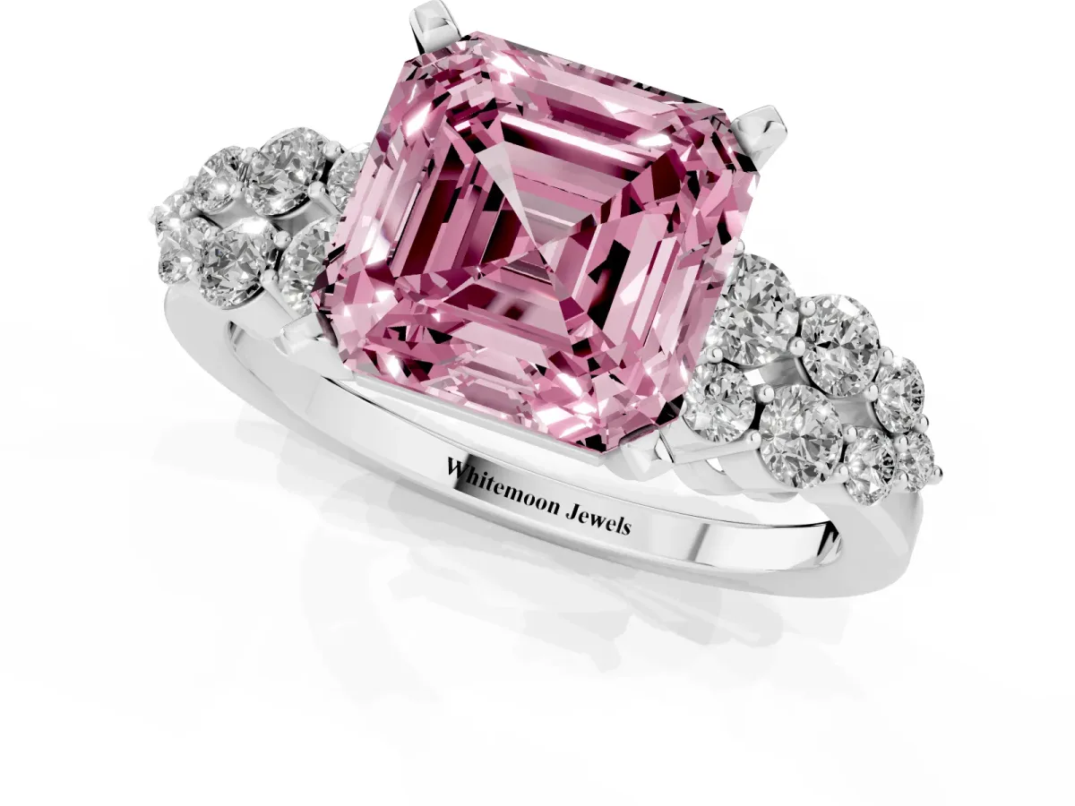 Fancy Pink Asscher Cut Cluster Diamond Engagement Ring with Pavé Band and Four-Prong Setting Silver