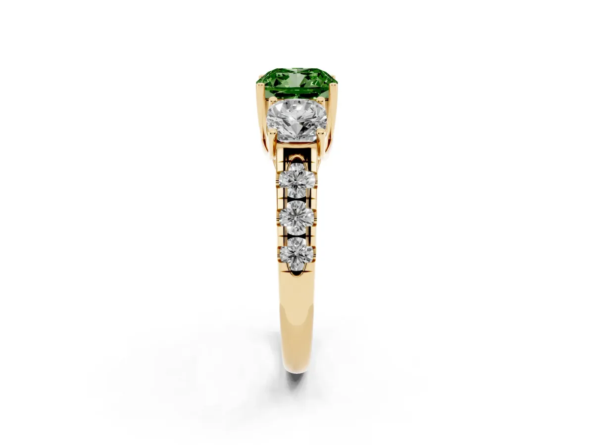 Fancy Green Three-Stone Cushion Cut Diamond Pavé Band with Prong Setting Yellow gold