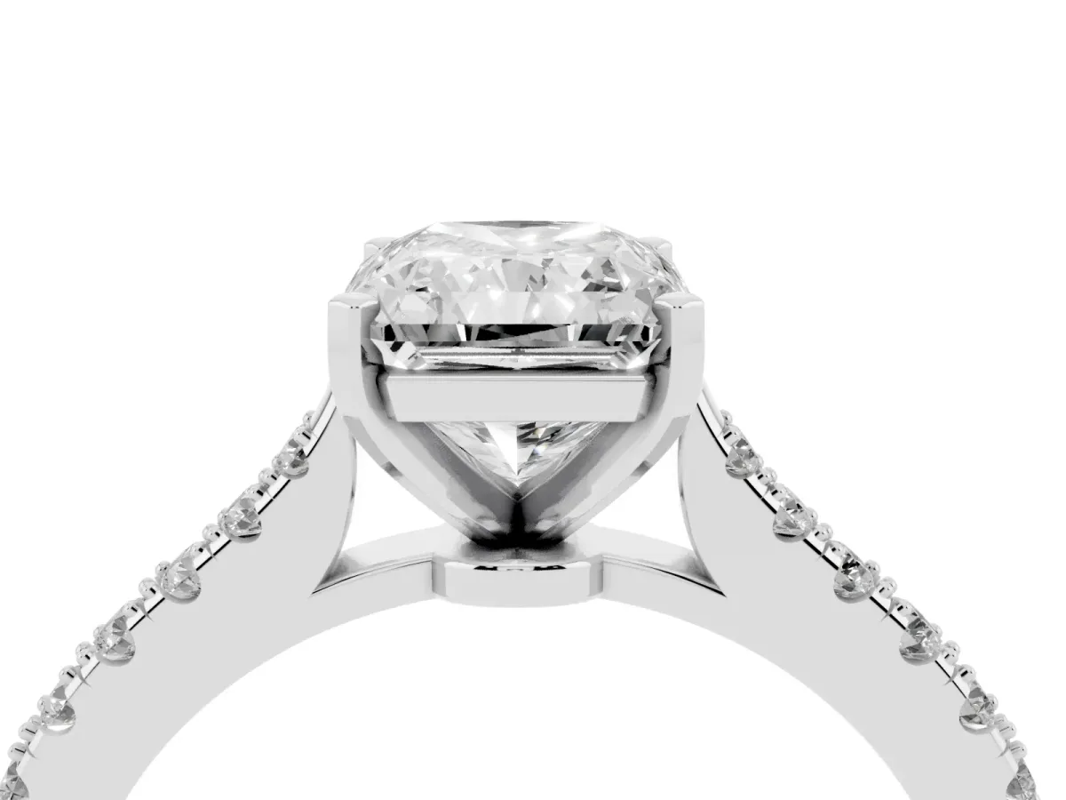 Radiant Cut Cut Solitaire Diamond Engagement Ring with Pave Band and Four-Prong Setting Platinum