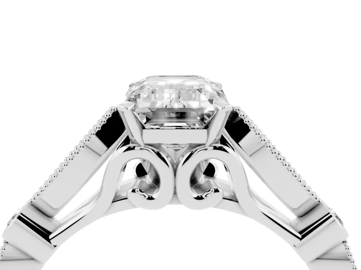 Emerald Cut Cut Diamond with Milgrain Marquise and Bezel Accents on a Solitaire Band with Prong Setting Silver