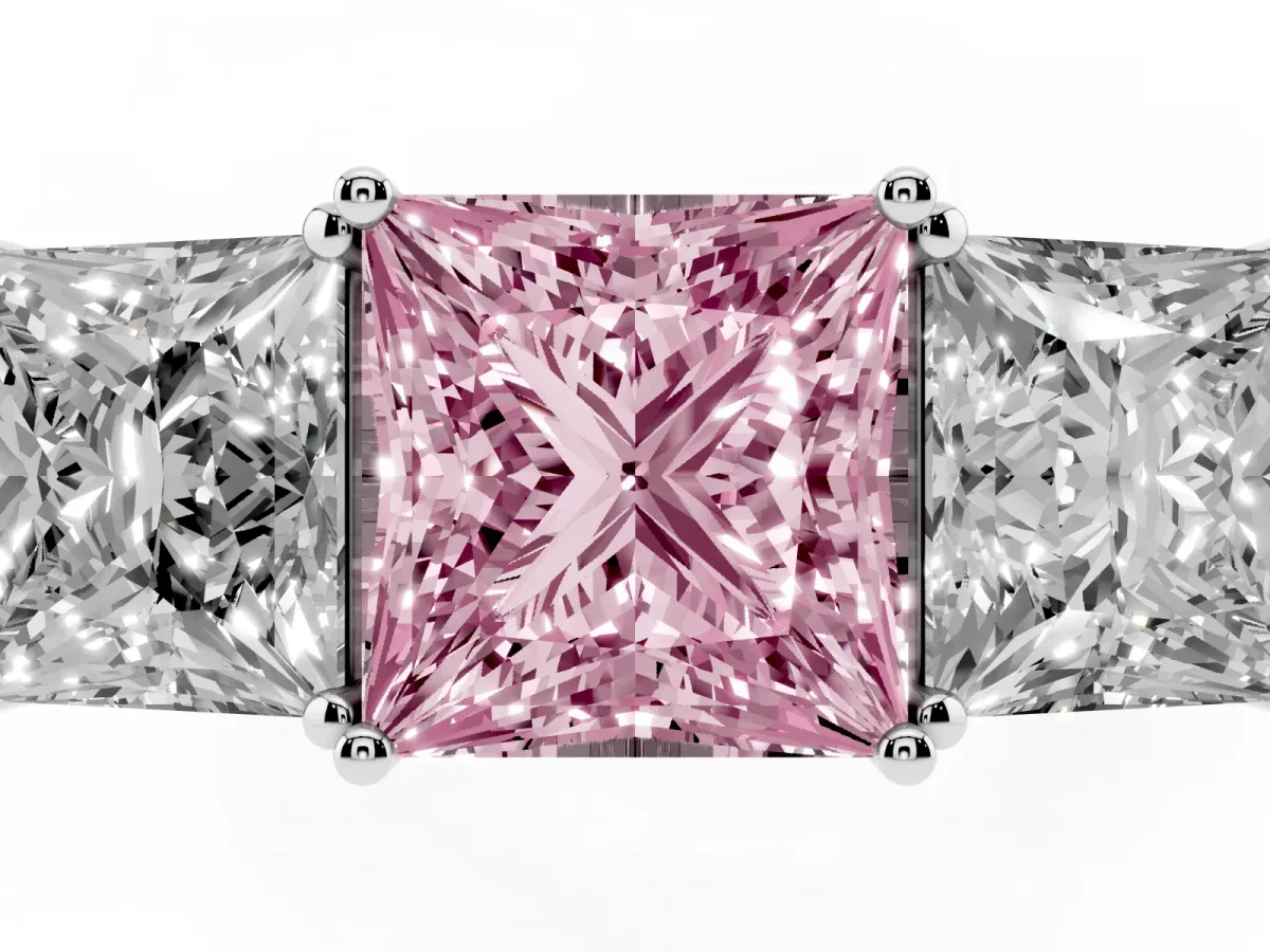 Fancy Pink Princess Cut Diamond Three-Stone Ring with Prong Setting and Textured Band Platinum
