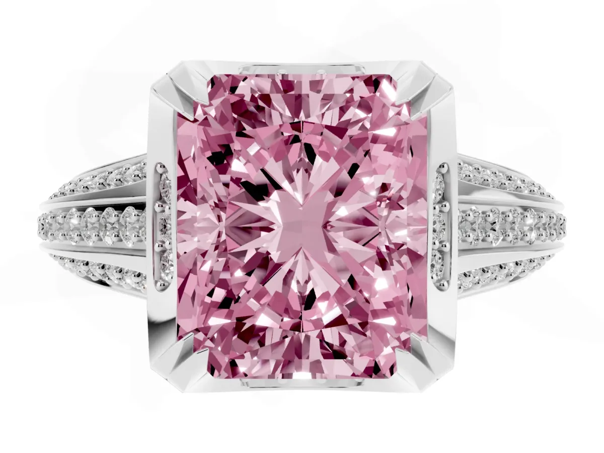 Fancy Pink Radiant Cut Solitaire Pave Split Shank Ring with Four-Prong Setting Silver