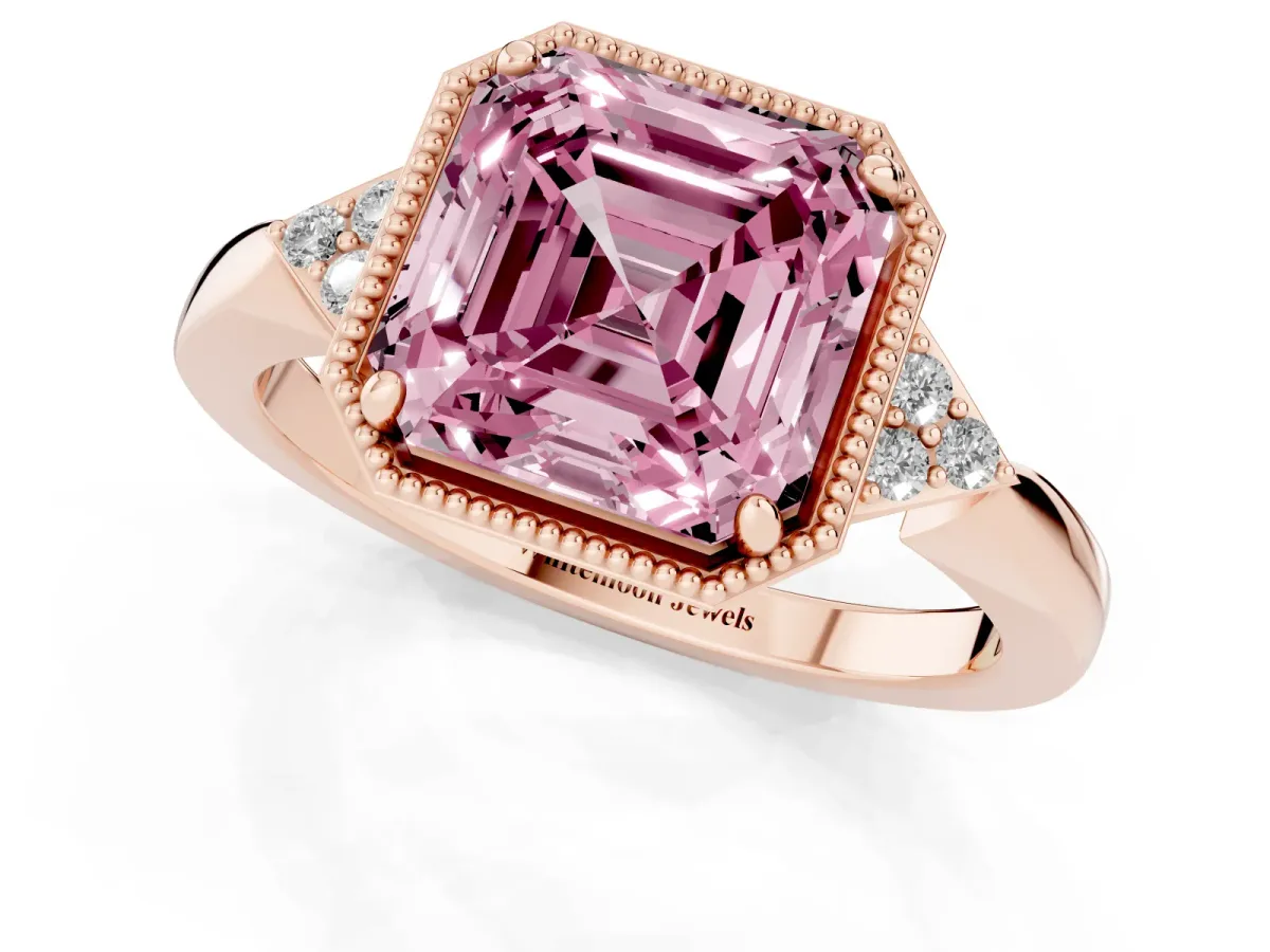Fancy Pink Asscher Cut Diamond Halo Ring with Tapered Band and Four-Prong Setting Rose gold