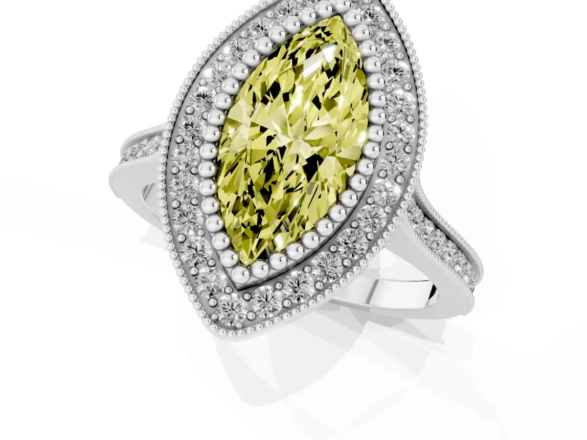 Fancy Yellow Marquise Cut Diamond Halo Ring with Milgrain Frame and Pavé Band Silver