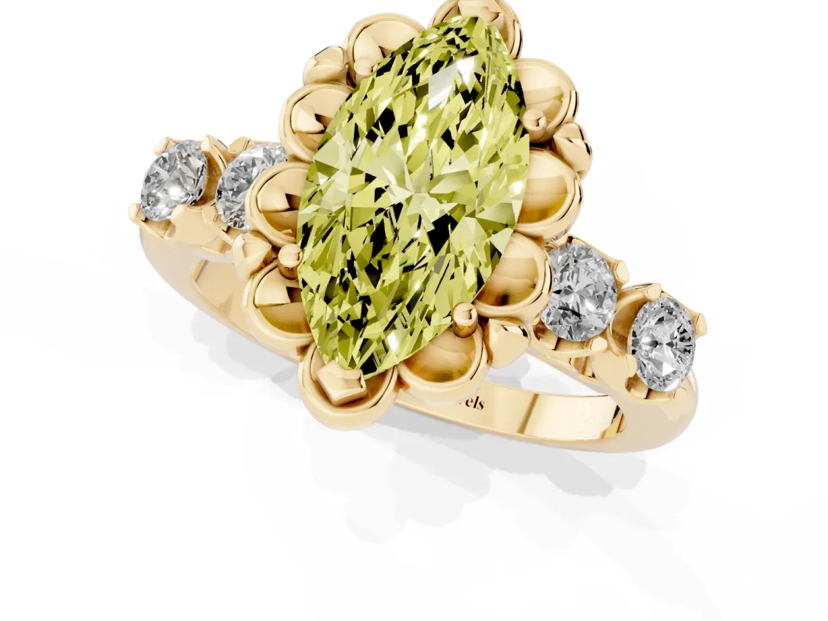 Fancy Yellow Marquise Cut Cut Diamond Floral Halo Engagement Ring with Shared Prong Setting Yellow gold