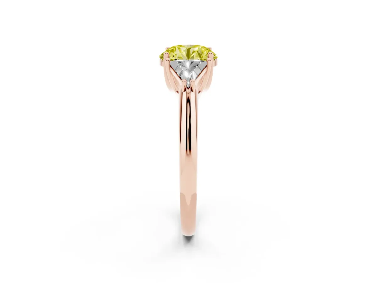 Fancy Yellow Three-Stone Round Cut Diamond Engagement Ring with Trillion Side Stones and Prong Setting Rose gold