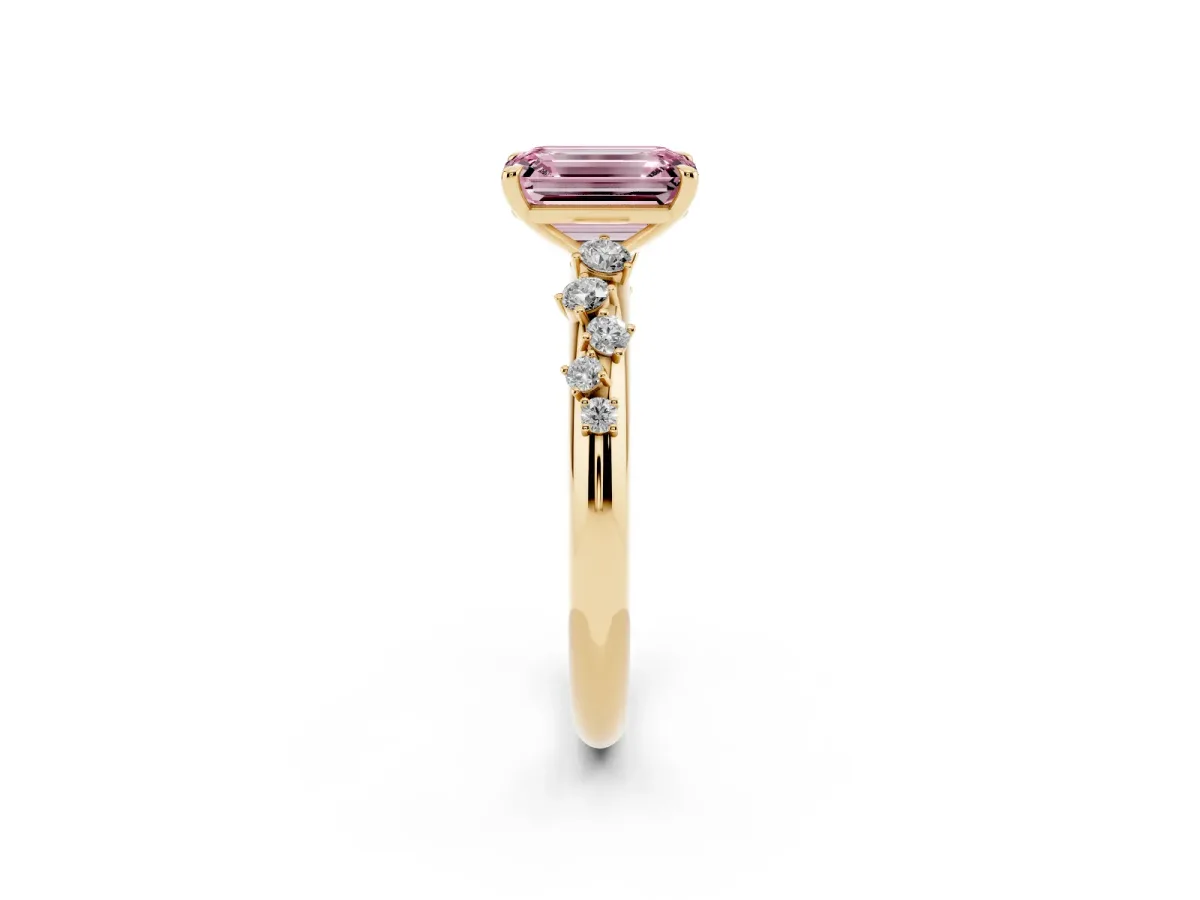 Fancy Pink Emerald Cut Diamond Cluster Prong-Set Solitaire Ring Yellow gold