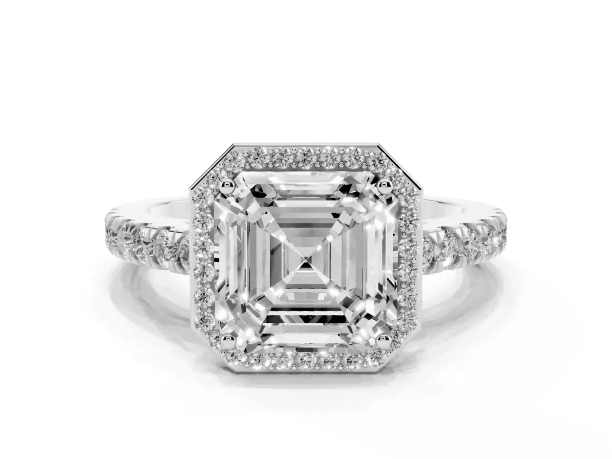 Asscher Cut Cut Halo Diamond Engagement Ring with Pave Band and Four-Prong Setting White gold