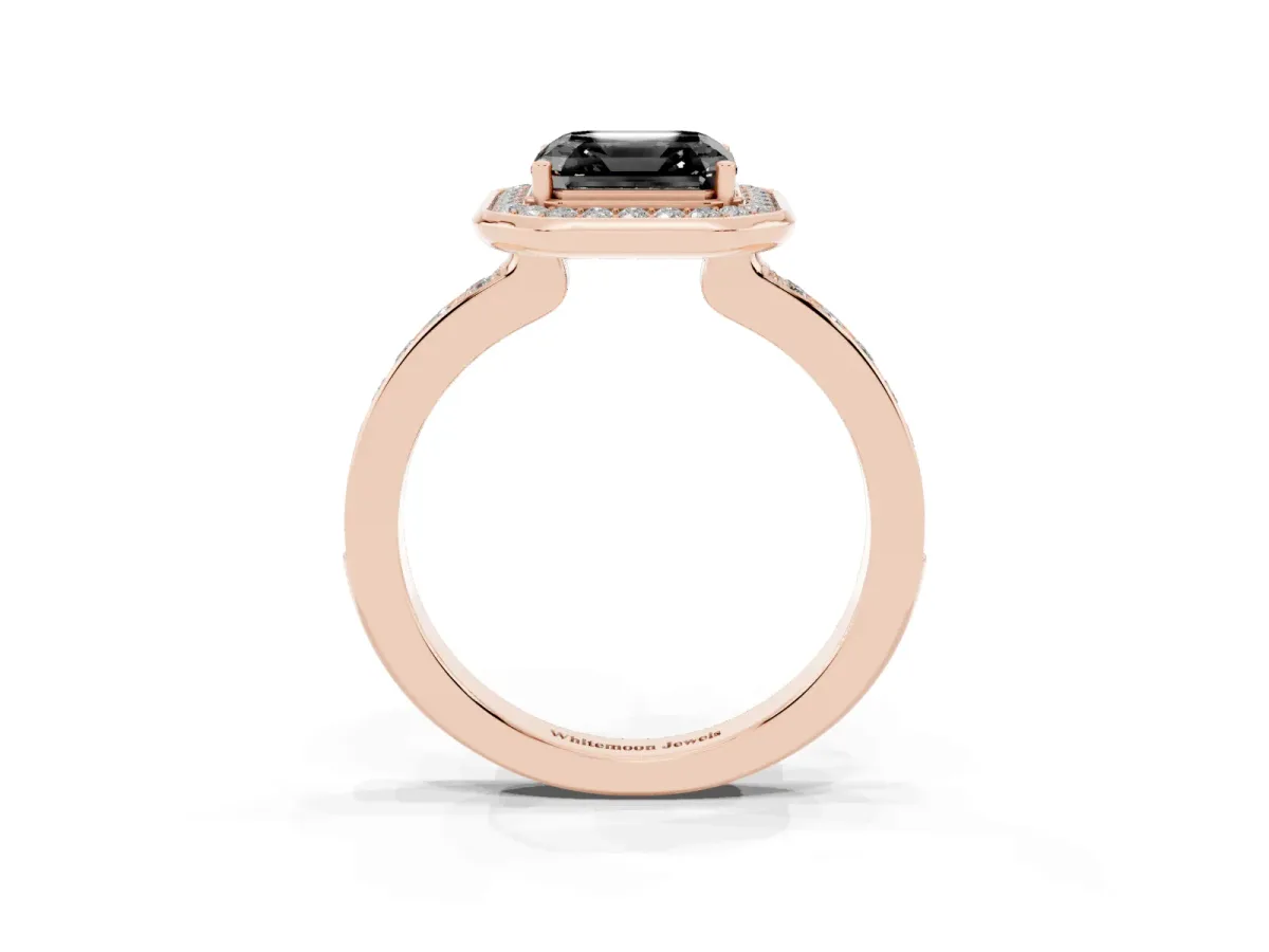 Fancy Black Asscher Cut Diamond Halo Ring with Bezel Frame and Pavé Band Rose gold