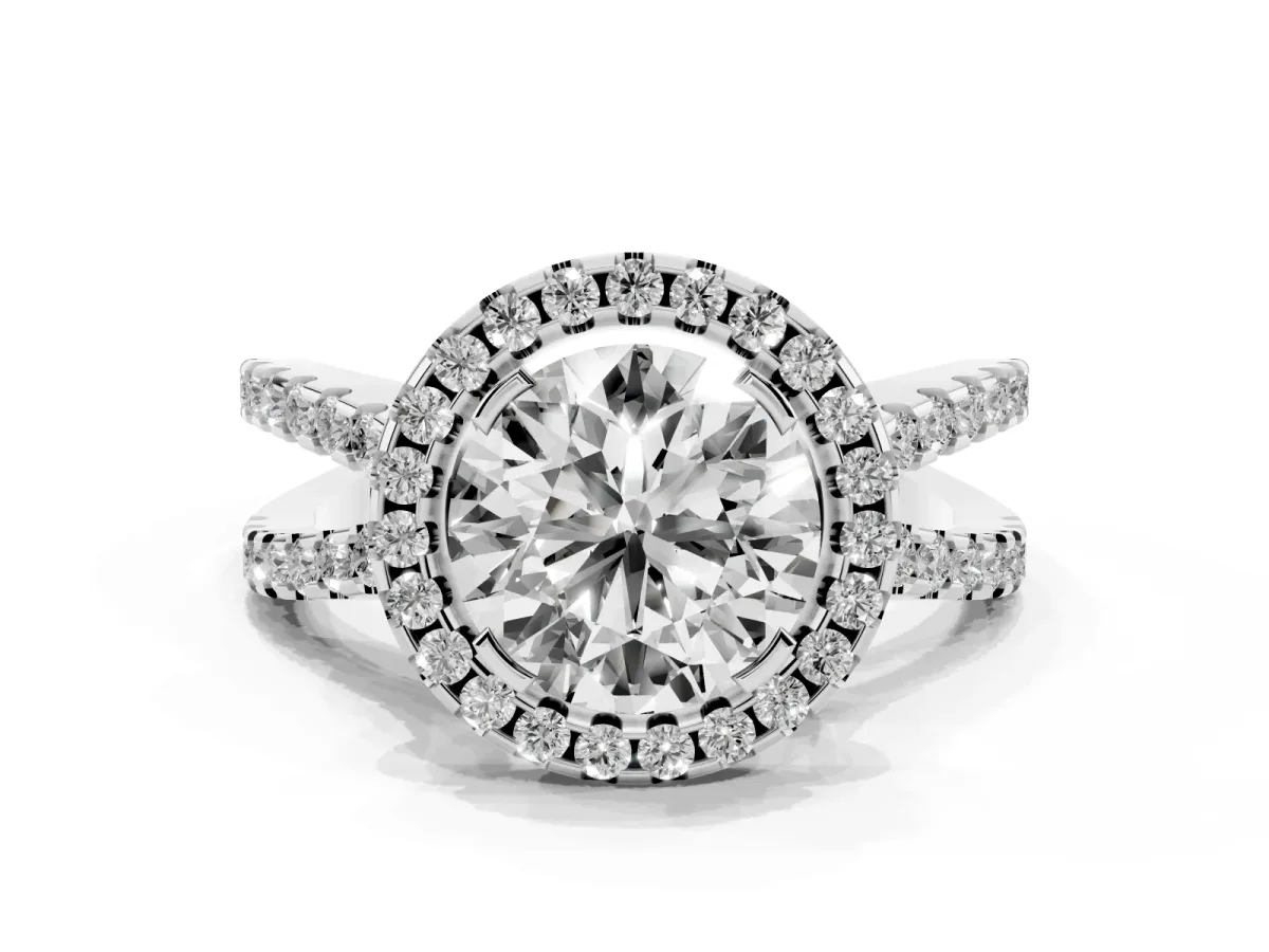 Round Cut Diamond Halo Ring with Split Shank Pavé Band and Prong Setting Platinum