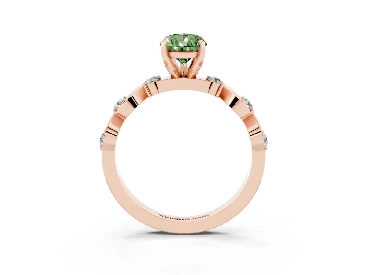 Fancy Green Pear Cut Diamond Solitaire Twisted Band with Round Accents and Prong Setting Rose gold