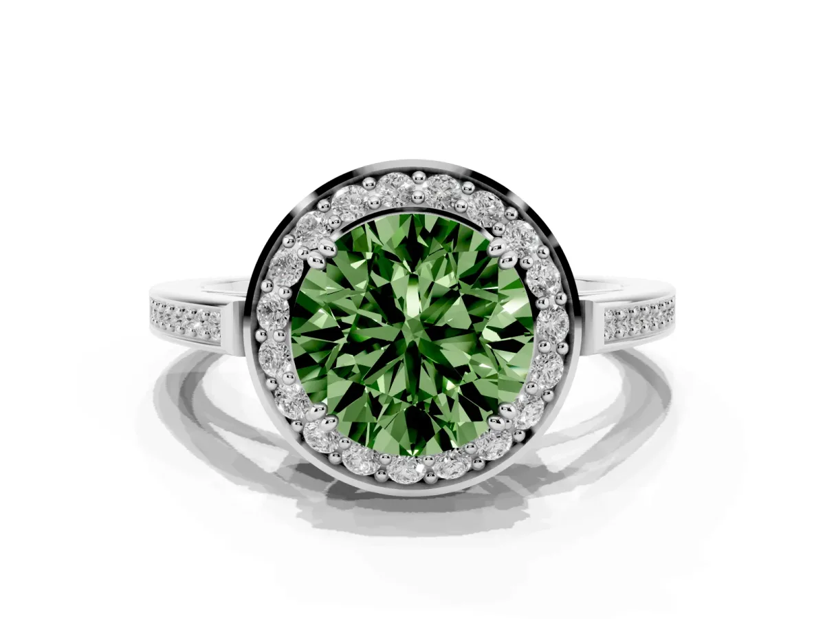 Fancy Green Round Cut Diamond Halo Ring with Split Shank and Four-Prong Setting Silver