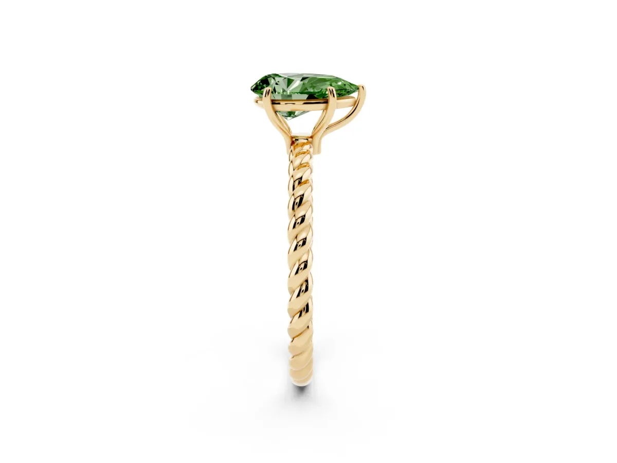 Fancy Green Pear Cut Solitaire Twist Band Ring with Four-Prong Setting Yellow gold