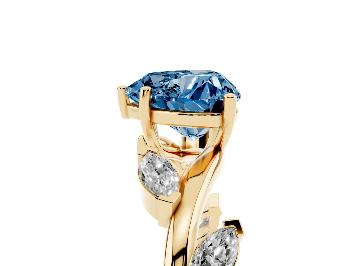 Fancy Blue Heart Cut Solitaire Twisted Band Marquise Accent Prong Setting Ring Yellow gold