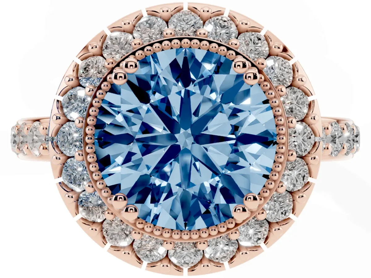 Fancy Blue Round Cut Diamond Halo Ring with Pavé Band and Prong Setting Rose gold