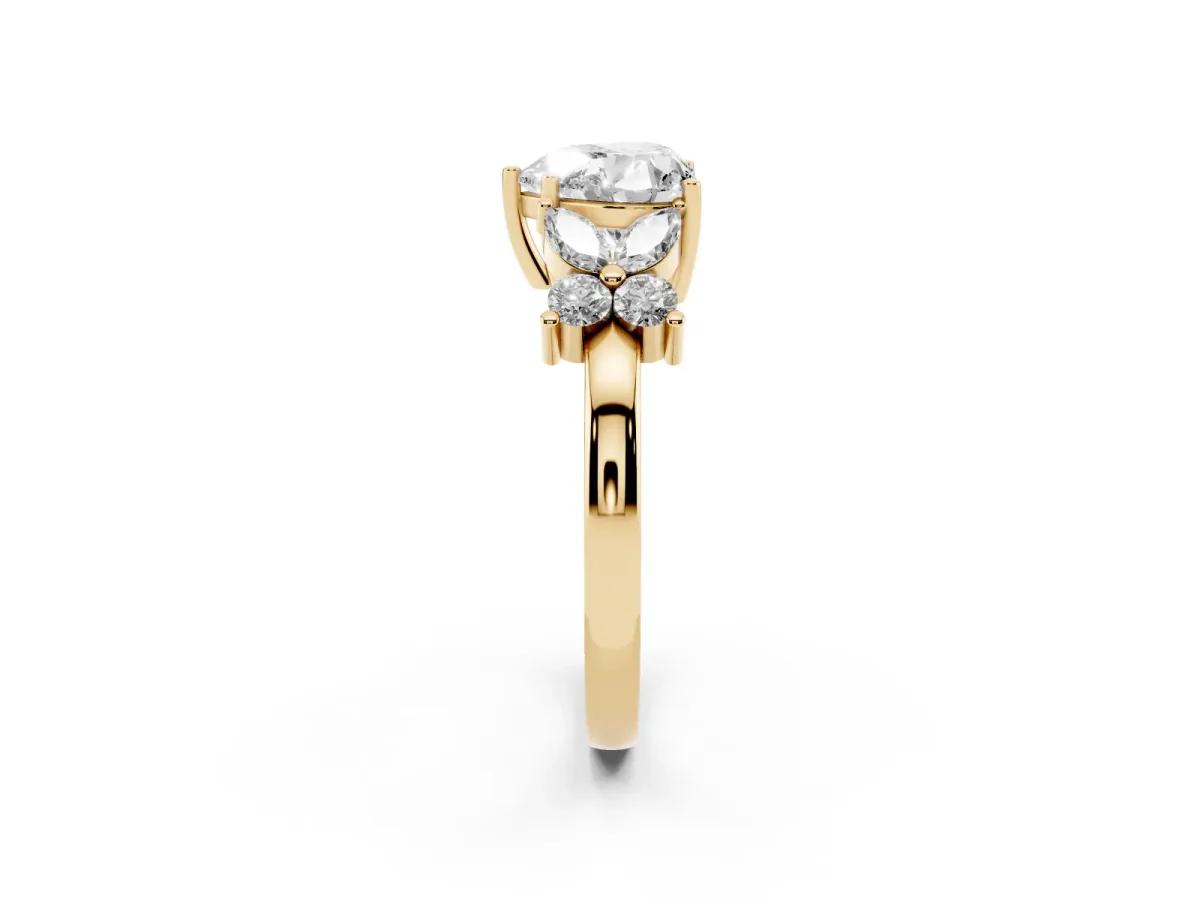 Heart Cut Diamond Floral Cluster Ring with Solitaire Band and Prong Setting Yellow gold