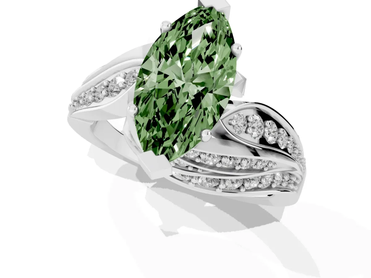 Fancy Green Marquise Cut Diamond Solitaire Ring with Prong Setting and Twisted Pavé Band Silver