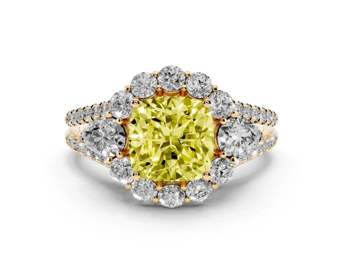 Fancy Yellow Cushion Cut Halo Split Shank Diamond Engagement Ring with Prong Setting Yellow gold