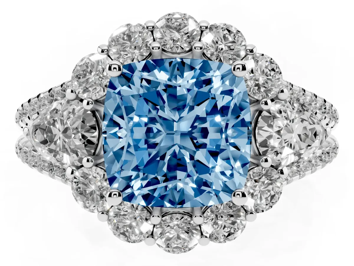Fancy Blue Cushion Cut Halo Split Shank Diamond Engagement Ring with Prong Setting White gold