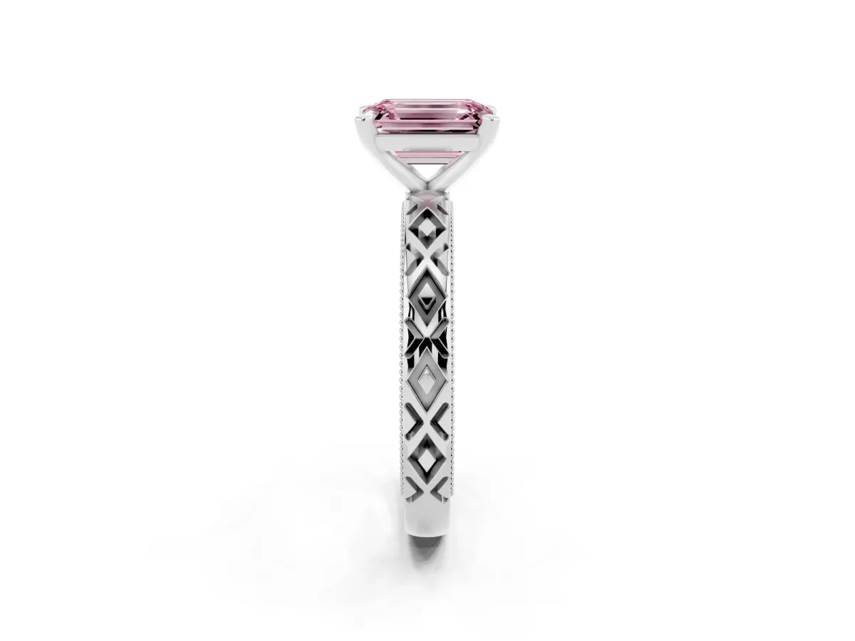 Fancy Pink Emerald Cut Solitaire Diamond Ring with Milgrain and Black Enamel X Pattern Band Platinum