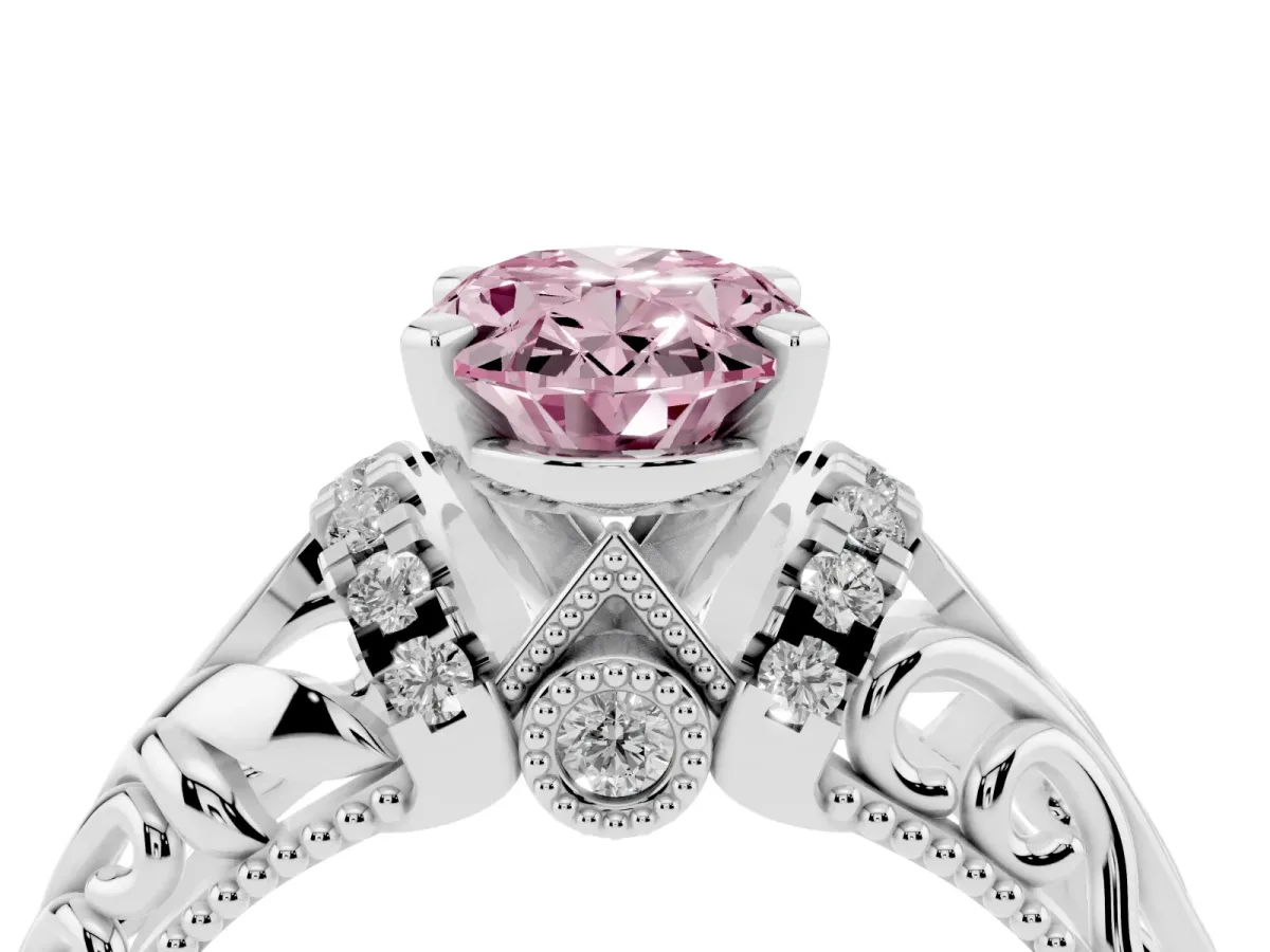 Fancy Pink Oval Cut Solitaire Filigree Engagement Ring with Halo and Prong Setting White gold