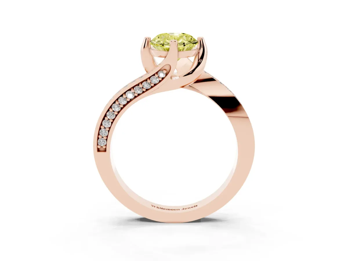 Fancy Yellow Oval Cut Solitaire Diamond Twist Band with Pavé Setting and Four-Prong Setting Rose gold
