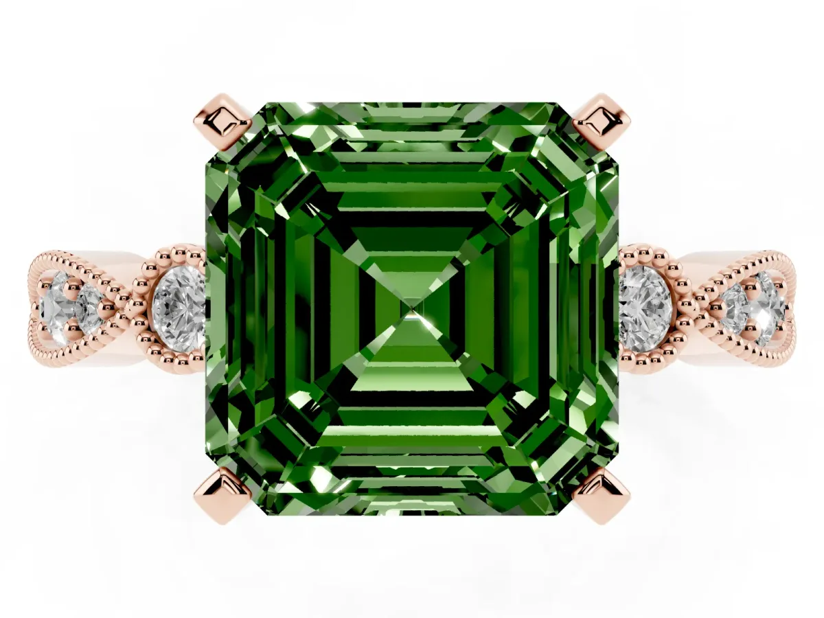 Fancy Green Asscher Cut Milgrain Bezel Diamond Engagement Ring with Solitaire Prong Setting Rose gold