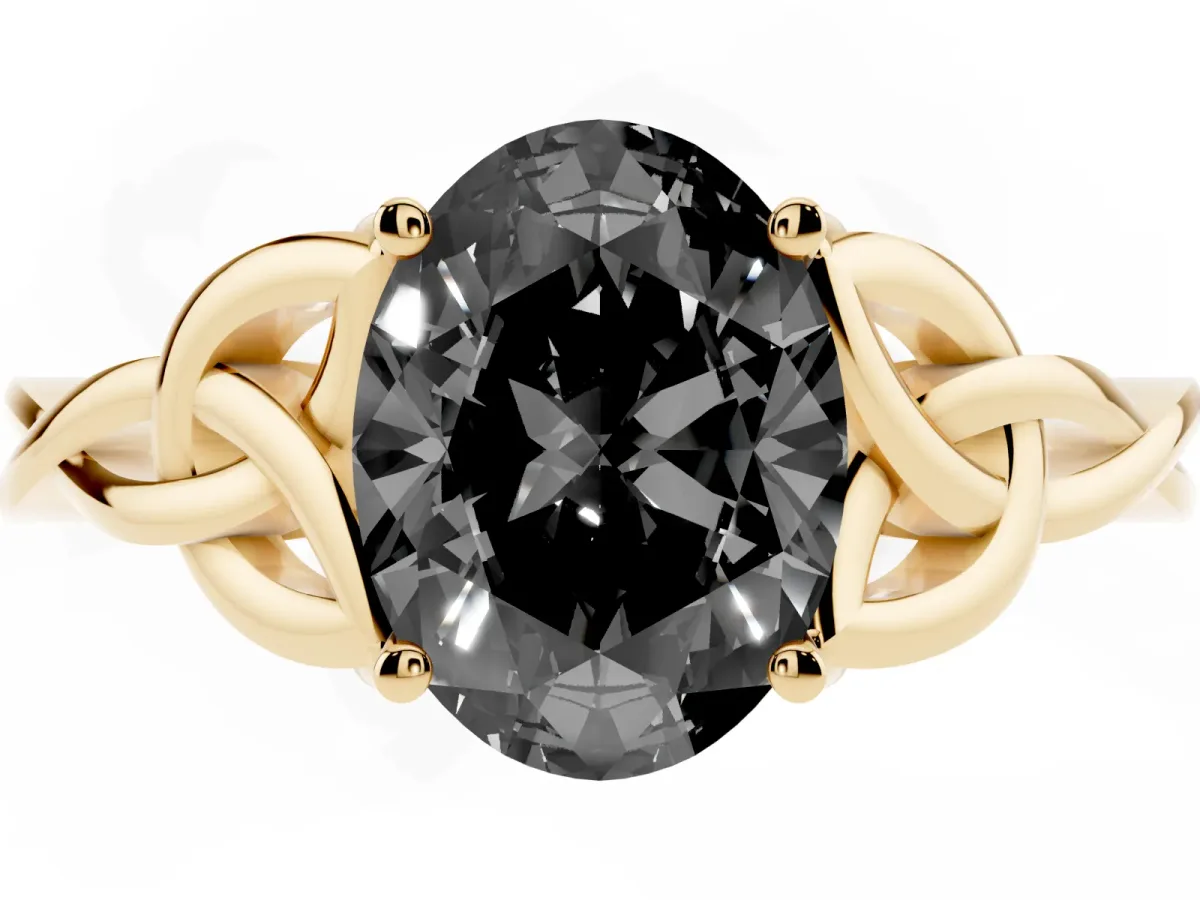 Fancy Black Oval Cut Diamond Solitaire Engagement Ring with Celtic Knot Band and Four-Prong Setting Yellow gold