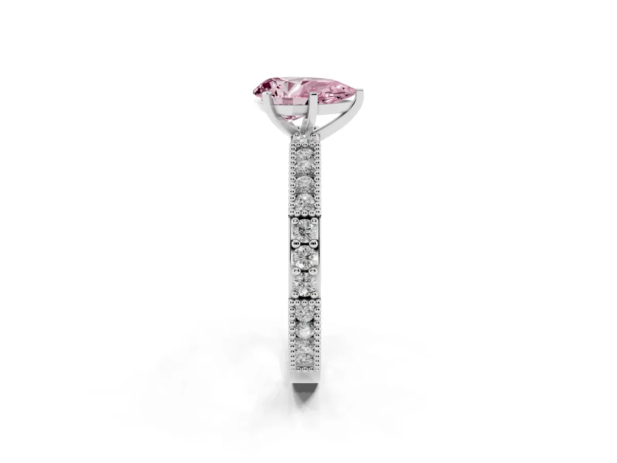 Fancy Pink Pear Cut Solitaire with Pavé Band and Four-Prong Setting Platinum