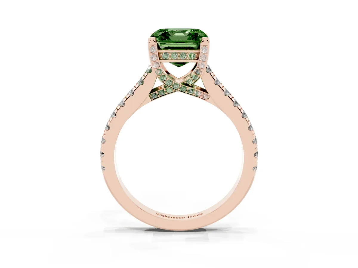 Fancy Green Asscher Cut Brilliant Diamond Solitaire with Pavé Band and Four-Prong Setting Rose gold