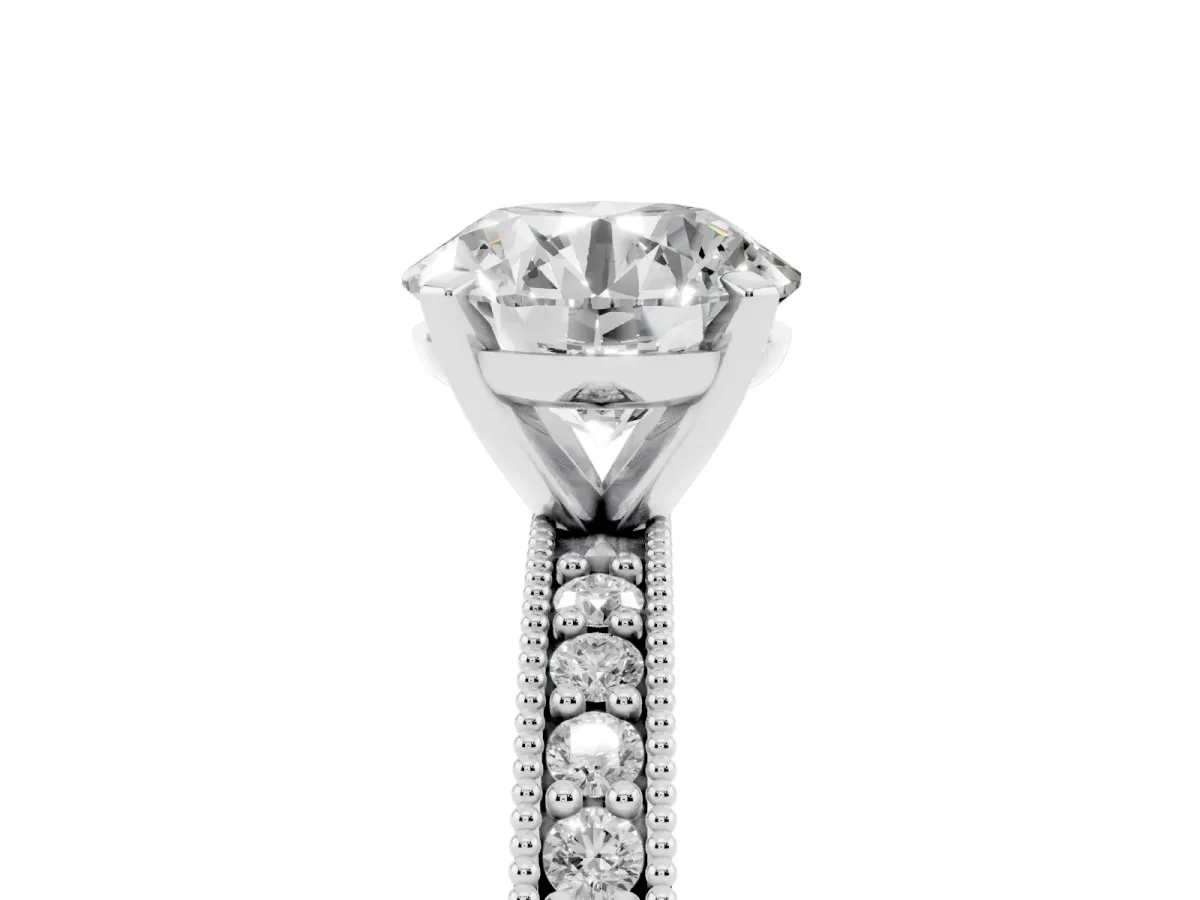 Round Cut Diamond Milgrain Pavé Engagement Ring with Four-Prong Setting Silver