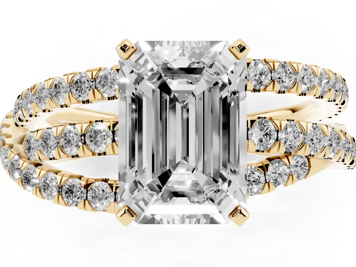 Emerald Cut Solitaire Twist Band with Pavé Setting and Four-Prong Setting Yellow gold