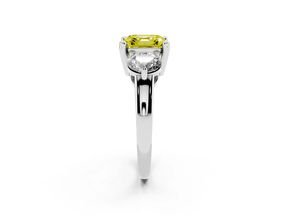 Fancy Yellow Three-Stone Asscher Cut Brilliant Cut Solitaire Ring with Prong Setting on a Classic Band White gold